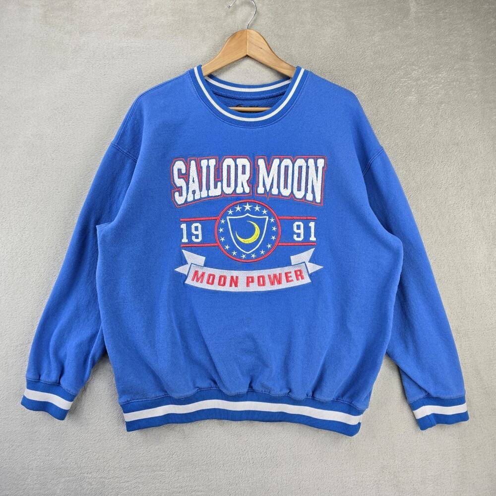 Sailor Moon Sweater Large Electric Blue Varsity Fleece Crewneck Sweatshirt *FLAW